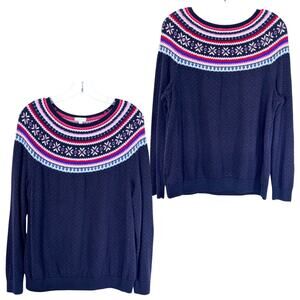 Nordic Fair Isle Raglan Sweater Pullover Navy Blue Heritage Ski Cozy Womens X